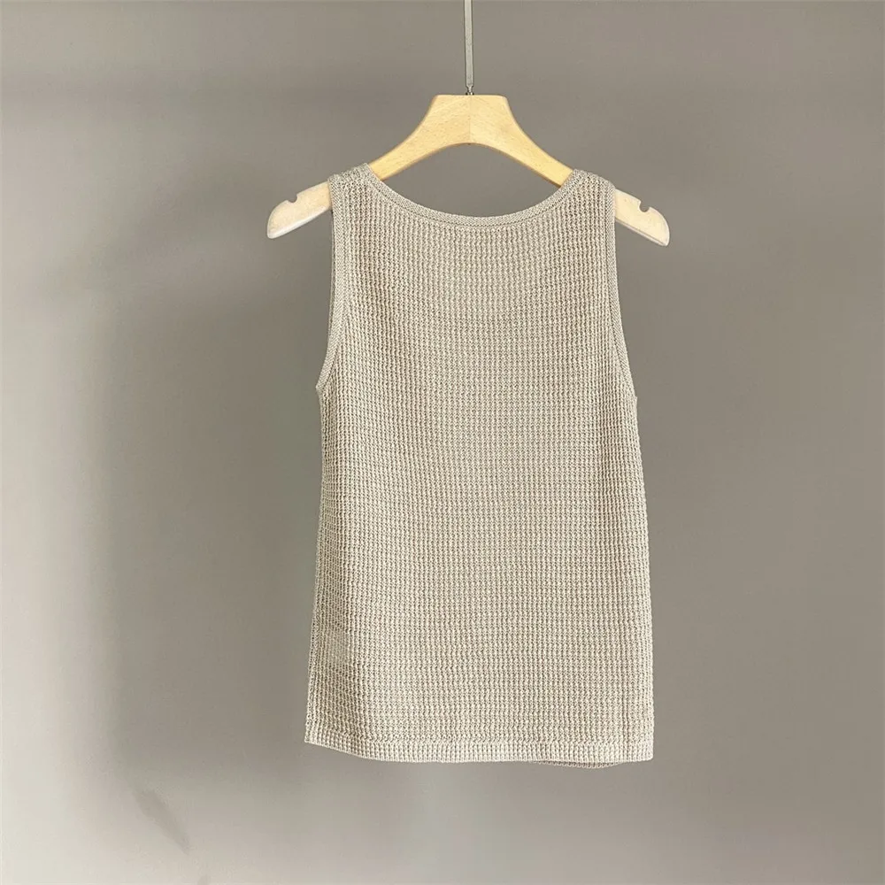 2025 Primavera/Estate Nuova canotta senza maniche lavorata a maglia versatile in cotone e lino tinta unita per donna