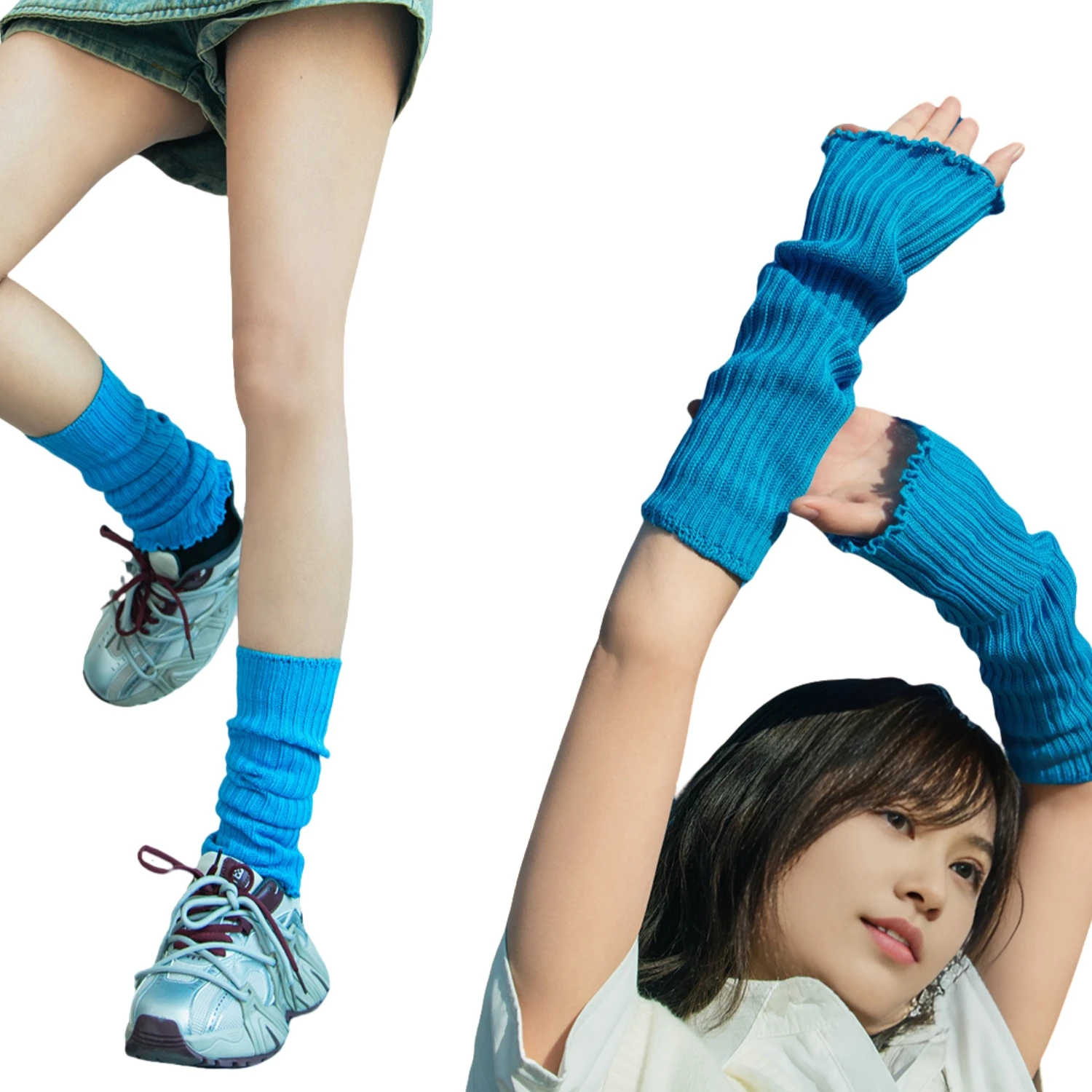 

80s/Y2K Ribbed Knit Bright Blue Color Dual Use Both Arm Warmers Leg Warmers Versatility Layering in Fashion Loungewear at Home