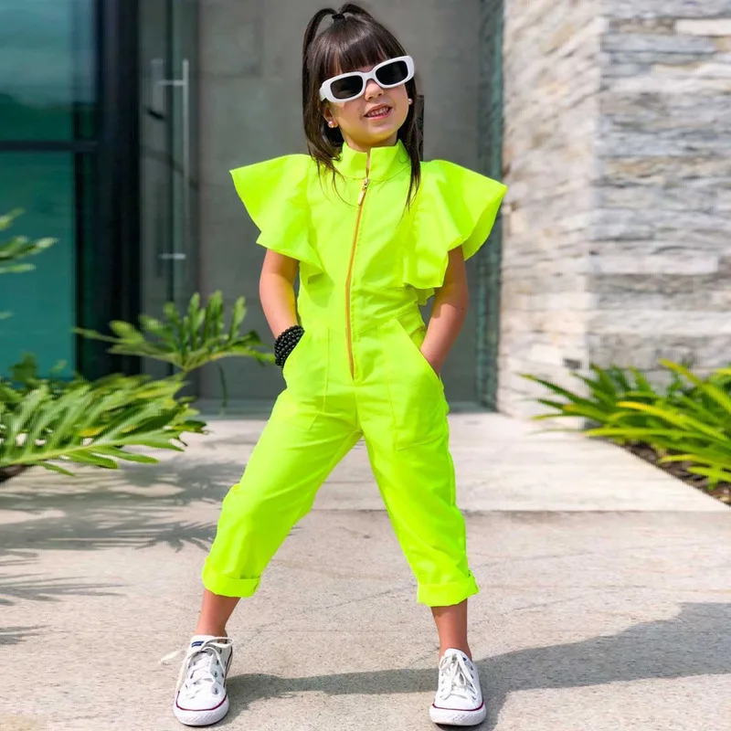 Summer Children\'s Clothing For Girl Dance Party Clothes Short Sleeve Green Jumpsuits For Kids Girls Zipper Bodysuits Overalls