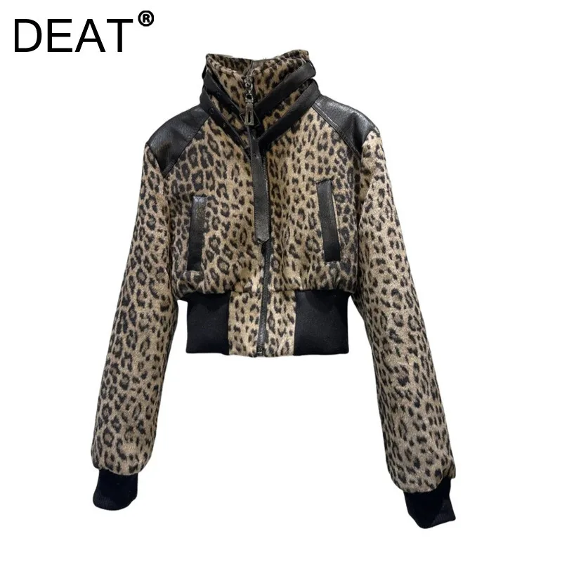 DEAT Women\'s Coat Stand Collar Leopard Printed Patchwork Pu Zipper Cotton-padded Woolen Jackets 2024 New Fashion Autumn 11A01693