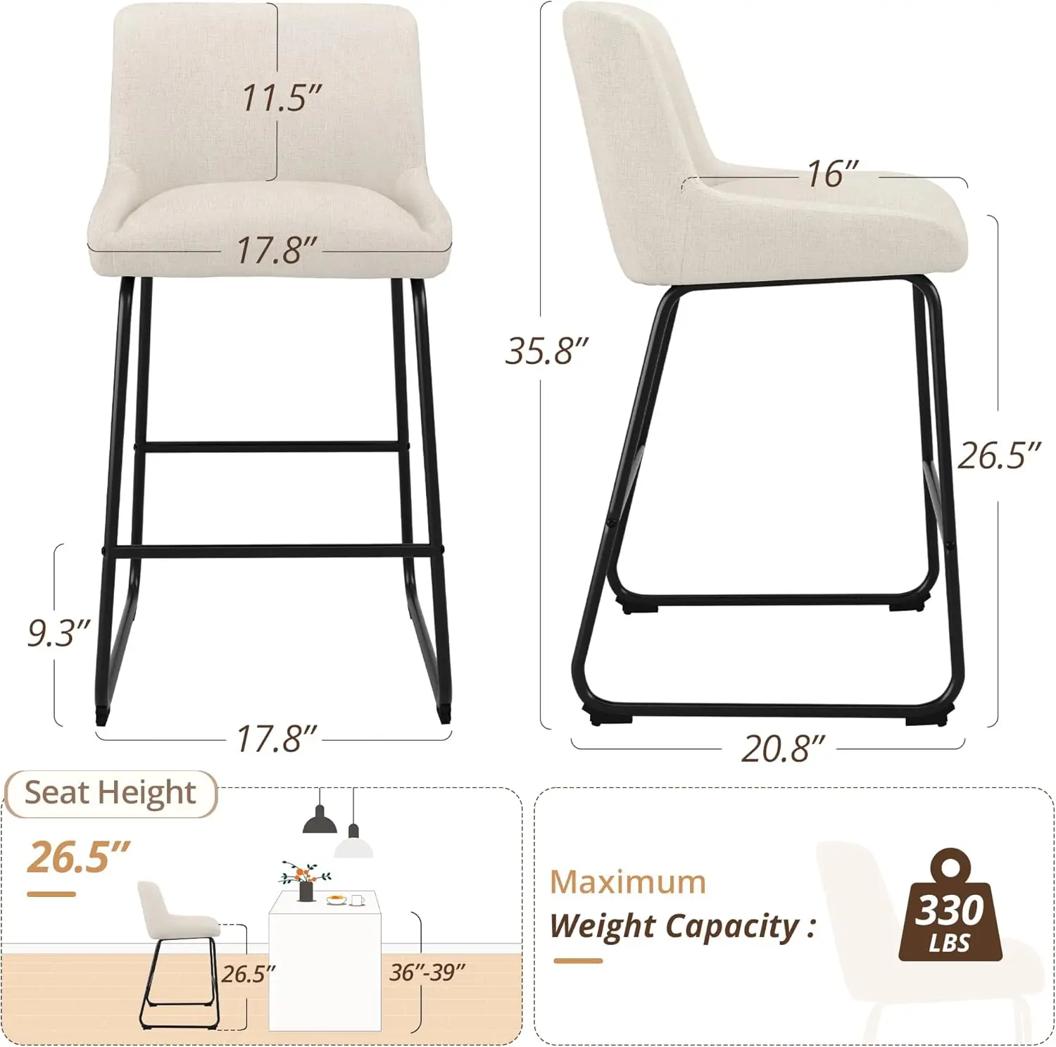 مجموعة مقاعد بار بارتفاع 26 بوصة مكونة من 3 قطع، من الكتان المنجد مع ظهر، كراسي بار جزيرة المطبخ الحديثة المريحة