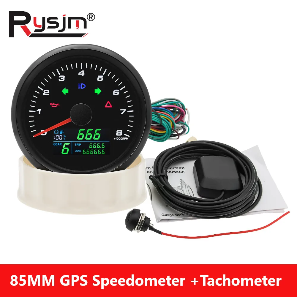 85mm Multifunctional Gaug GPS Speedometer Tachometer 8000RPM Fuel Level Gauge Voltmeter 299kmh MPH Speed Meter With 1-6 Gear