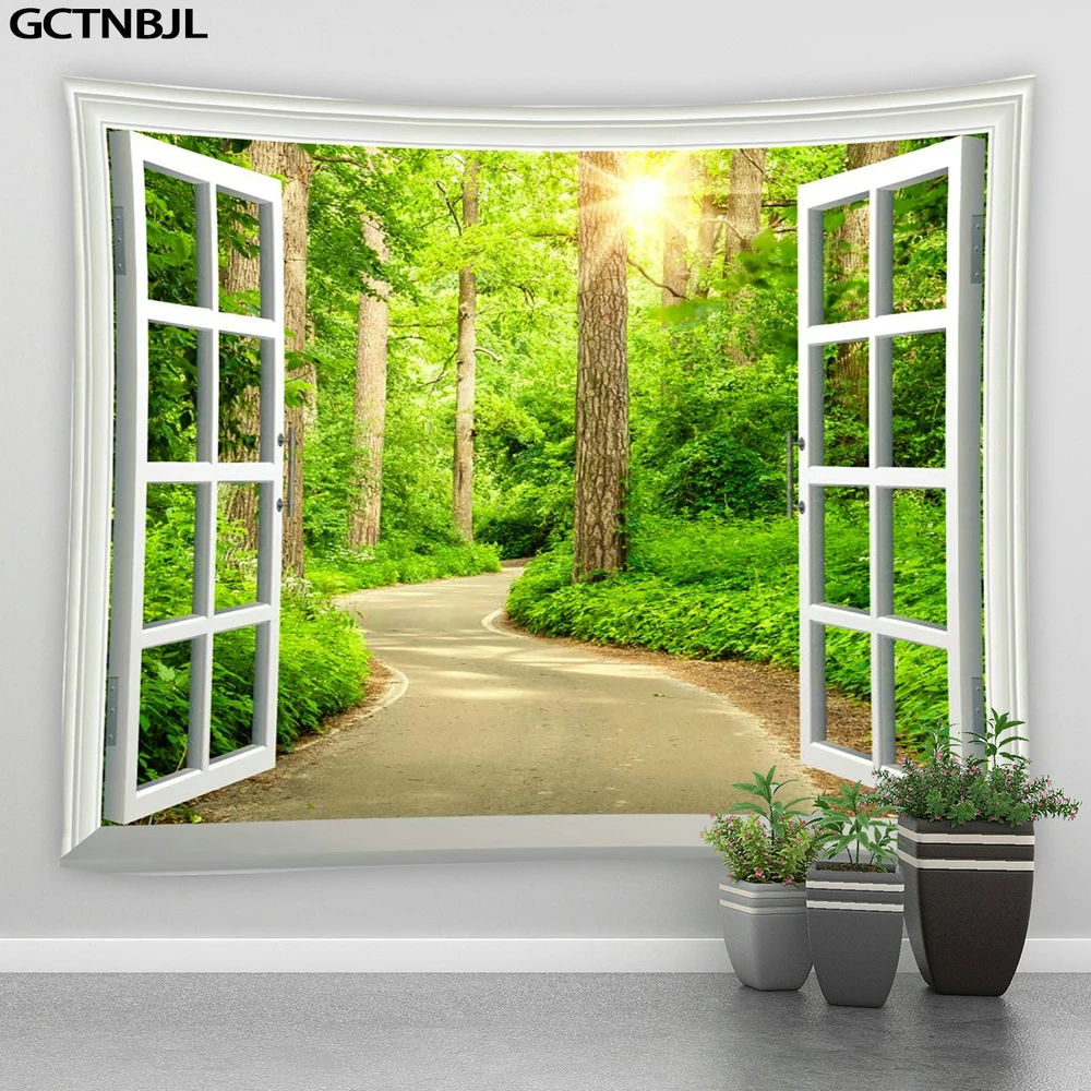 Forest Landscape Printed Tapestry Window Waterfall Trees Mandala Tapestries Bedroom Home Decor Big Hippie Wall Hanging Blanket