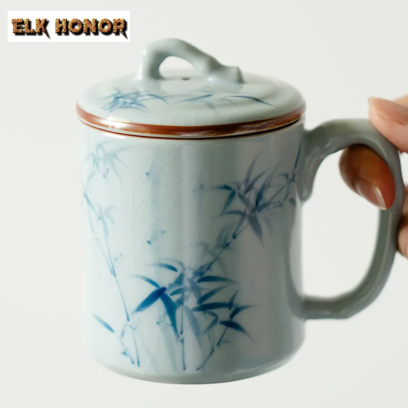 

190ml Hand-painted Blue Bamboo With Lid Coffee Mug Breakfast Mug Afternoon Tea Mug Personal Office Water Cup Tea Services Gift