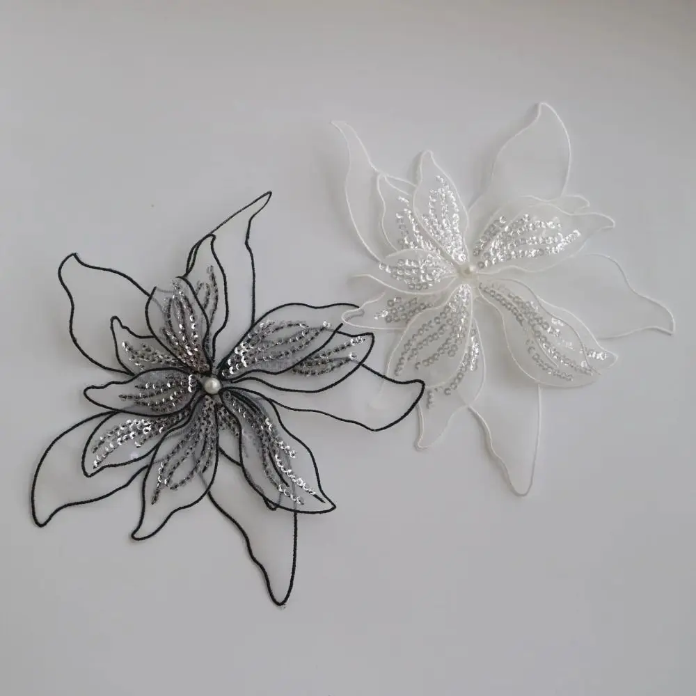 20cm DIY Flower Embroidery Patches Sew On Lace Fabric Mesh Clothes Patches Sweater Coat Accessories Sequins Flower Cloth Sticker