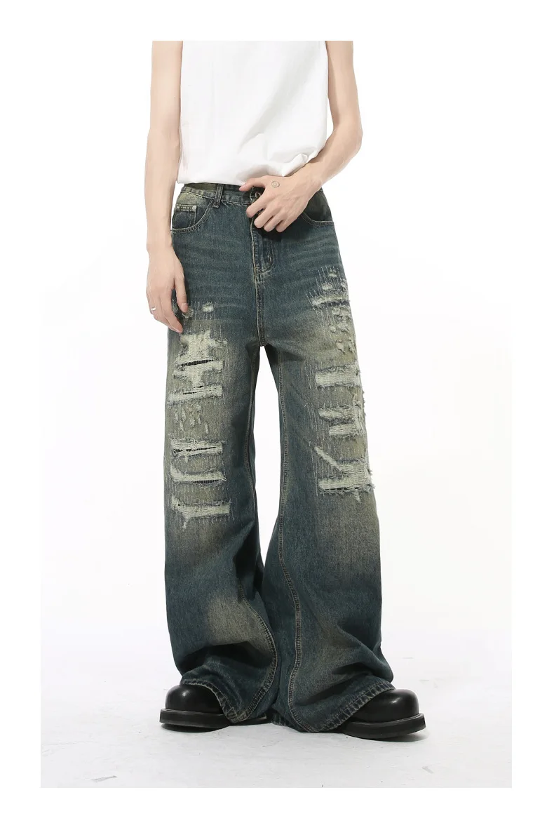 IEFB High Street Men's Denim Pants Hole Worn-out Streetwear Trousers Straight Wide Leg Casual Male Jeans New Autumn 2024 9C8513