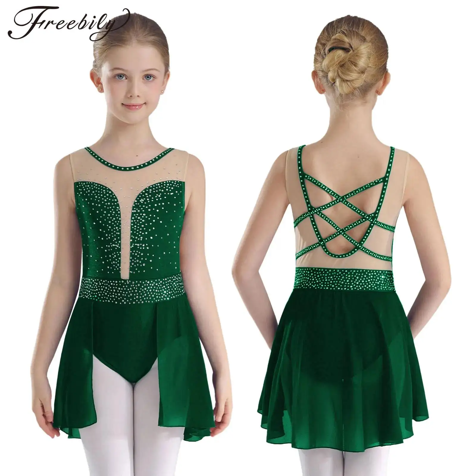 Kids Girls Lyrical Dance Dress Figure Skating Ballet Gymnastics Acrobatics Leotard Sleeveless Rhinestone Mesh Bodysuit Dancewear