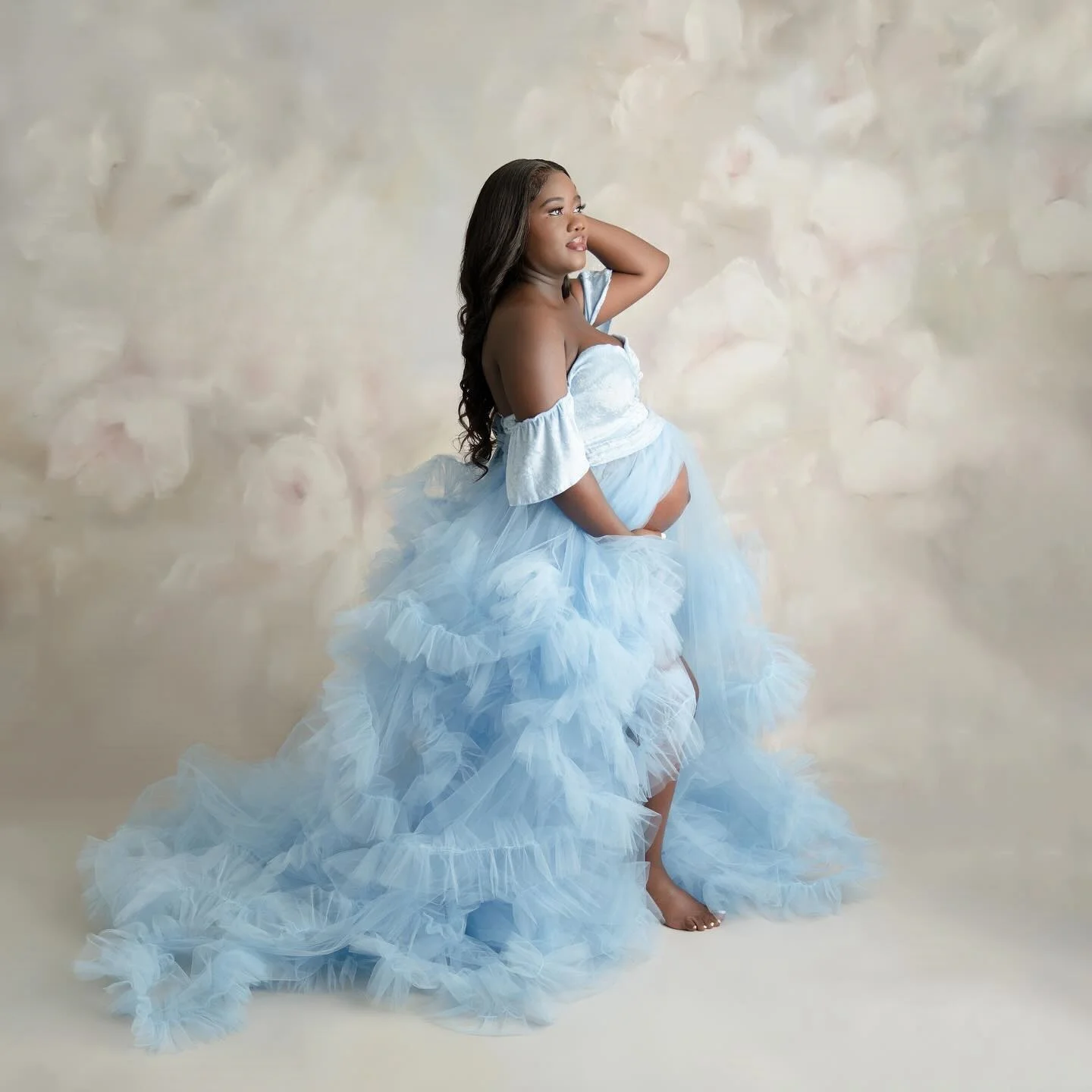 

Light Blue Maternity Dress for Women Off Shoulder Prom Gown Front Slit Ruffles Vestidos Sleeveless Ruched Baby Shower Dress