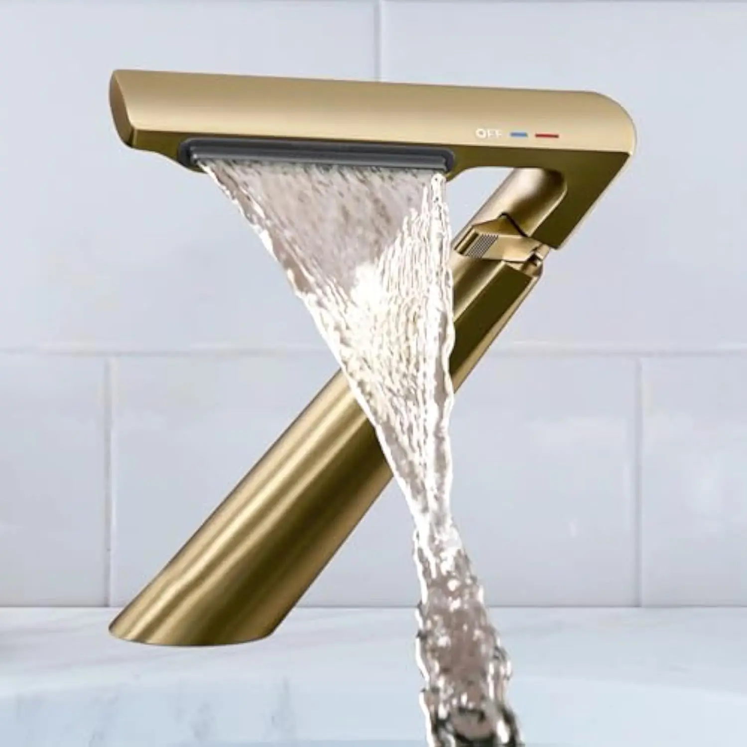 

Gold Bathroom Sink Faucet, Waterfall Bathroom Faucet for 1 Hole, Single Handle Faucets, Brass Bathroom Faucet with 2 Supply Hos