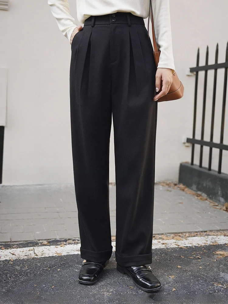 

High Waist Thiened Soft Woolen Pants Women's Winter Design Sensation Windproof Warm Conceal Slimming Long Trousers