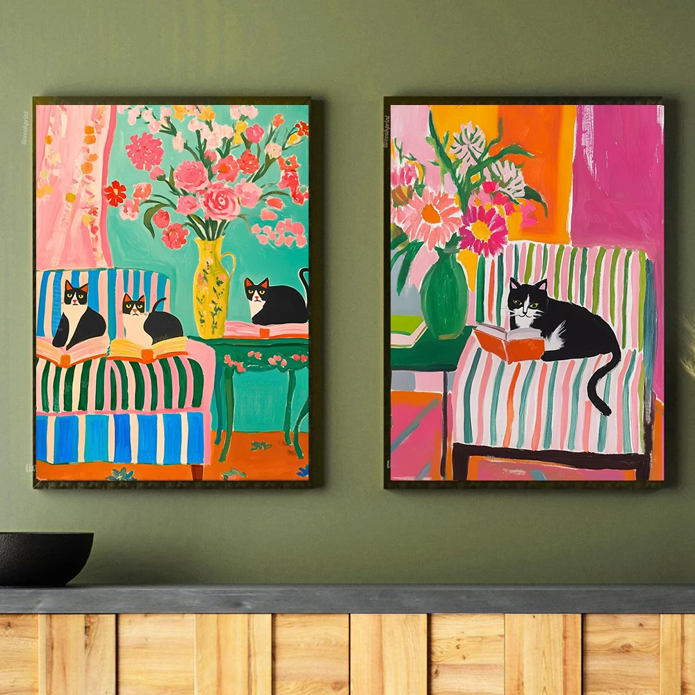 Tuxedo Cats and Books Art Print Bookish Cat Wall Art Bold Coquette Decor Maximalist Reading Corner Posters Cat Lover Gifts