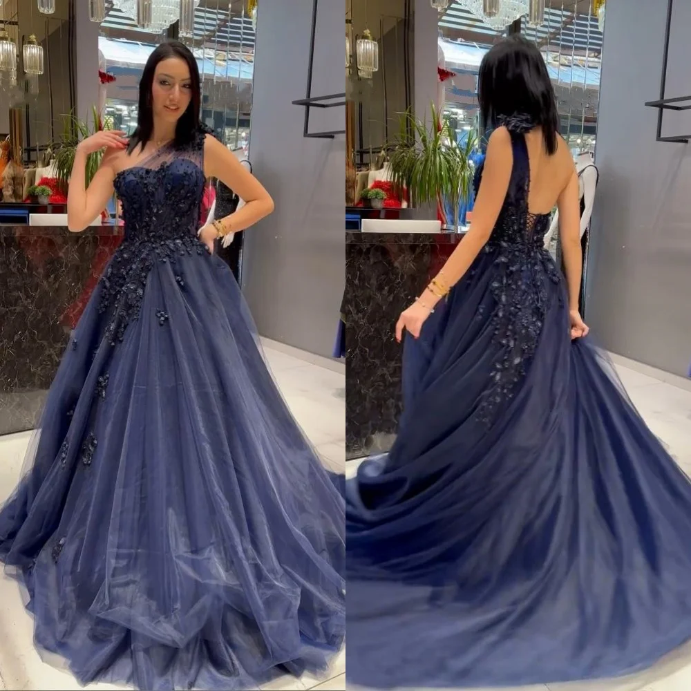 

Customized Tulle Applique Ruched Wedding Party A-line One-shoulder Bespoke Occasion Gown Long Dresses