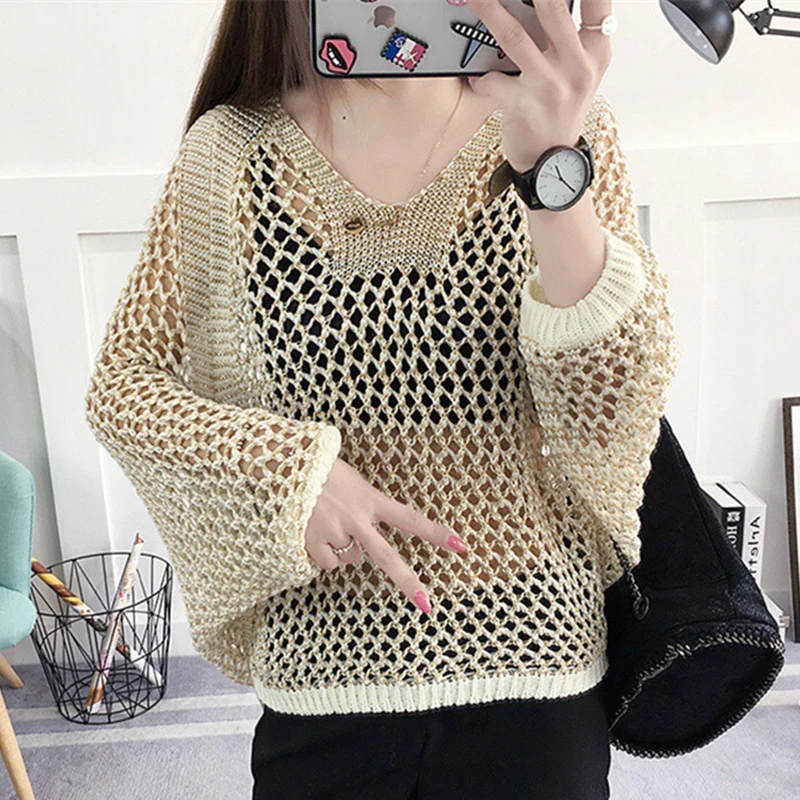 

Casual Hollow Out Sexy Knitted Blouse Women Autumn 2023 Thin Loose Fishnet Batwing Sleeve Shirt Women Cover Up Tops Blusas 28461