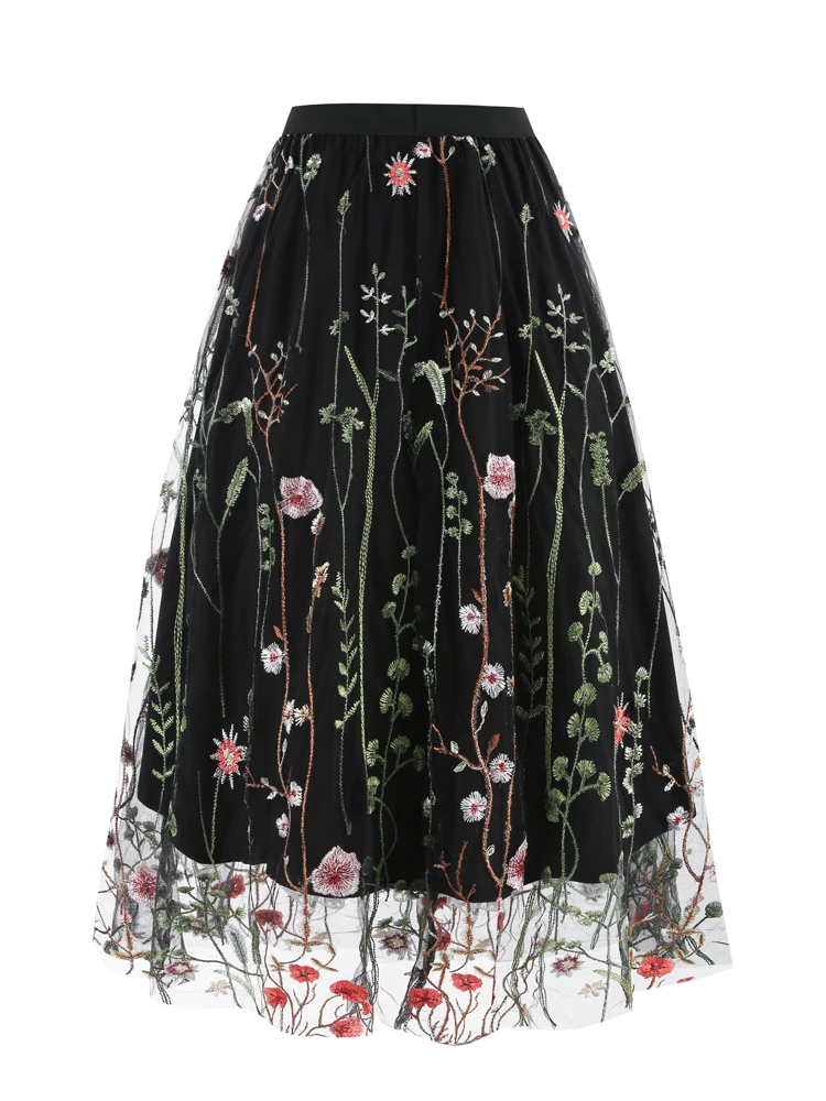 Tonval Floral Embroidered Mesh Overlay Lined Long Skirt Elastic Waist Women Elegant Festival Outfit Summer Vintage Skirts