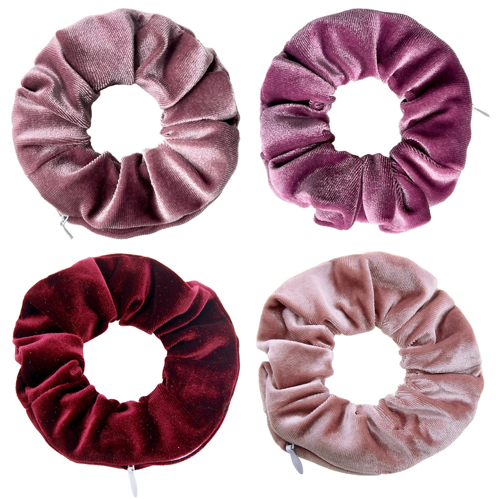 2024 Spring Sweet Zip Scrunchies Women Velvet Winter Hair Tie Pocket Hair Styling Chouchou Vintage Scrunchy Wholesale 4pcs/set