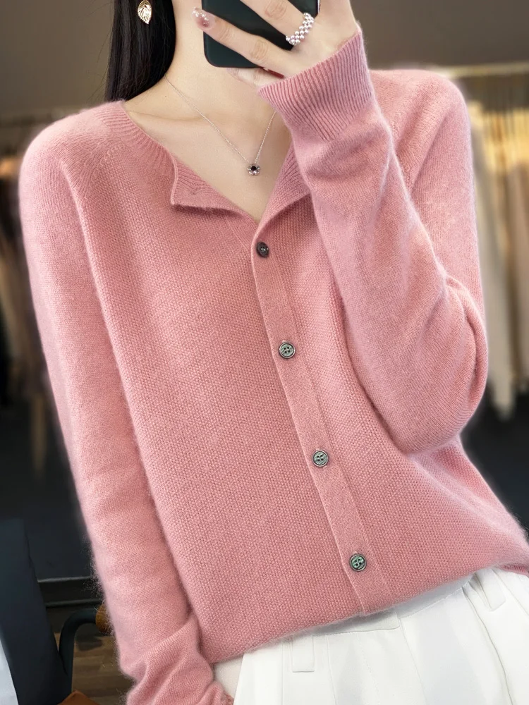 Maglioni lavorati a maglia da donna in Cashmere a maniche lunghe 100% pura lana Merino primavera autunno o-collo Top Cardigan senza connessione una