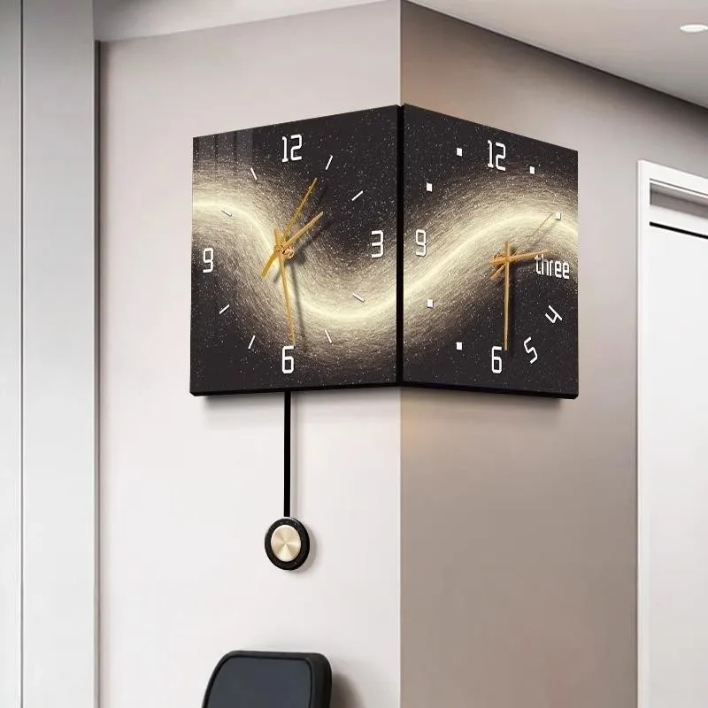 Modern Living Room Decoration Double-sided Corner LED Lamp Wall Clock Home Decor Abstract Perpetual Calendar Electronic Clock
