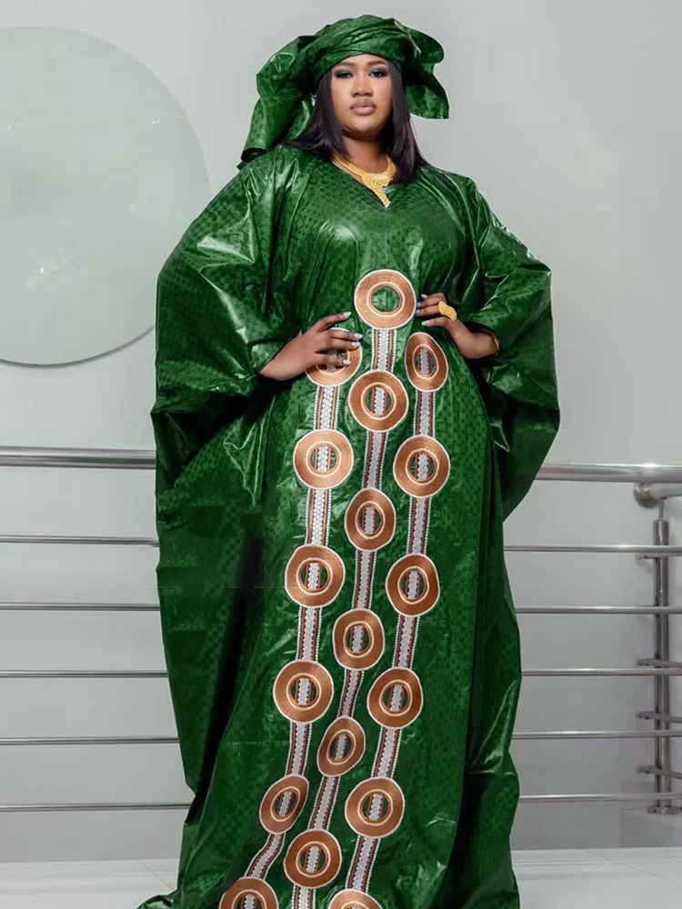

Women's Embroidered Bazin Party Dress - Multi-color African Abaya Gown for Elegant Events & Galas