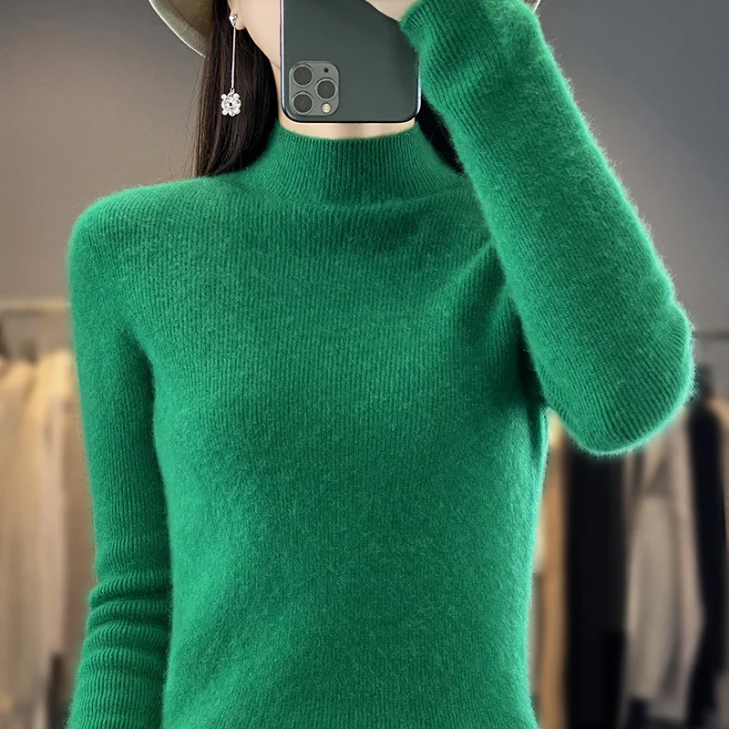 Autumn Winter New Woolen Sweater Women's Half High Neck Long Sleeve Pullover Temperament Solid Color Versatile Knitted Sweater