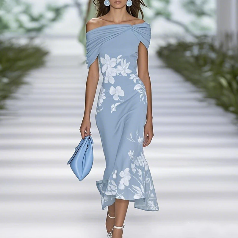 

New Fashion Hollow High Waist Wrap Hip Dress Elegant Summer Commuting Long Dress Flower Print Off Shoulder Women's A-line Dress
