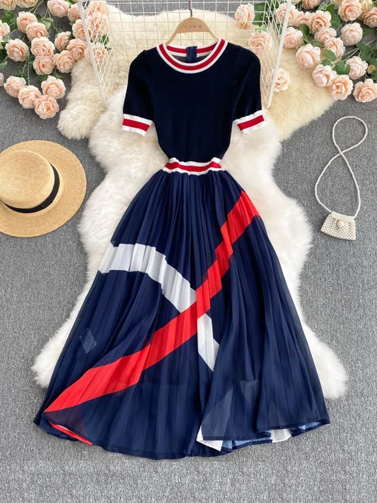 New Summer Was Thin Vestidos Women\'s Knitted Round Neck Short-sleeved Color Matching Striped Stitching Chiffon Midi Dress KK476