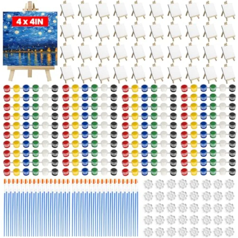 40 Set Mini Canvas Painting Kit, 4x4 Inch Mini Canvases for Painting with Easel, Paint Set, Palettes and Brushes, Small Canvas