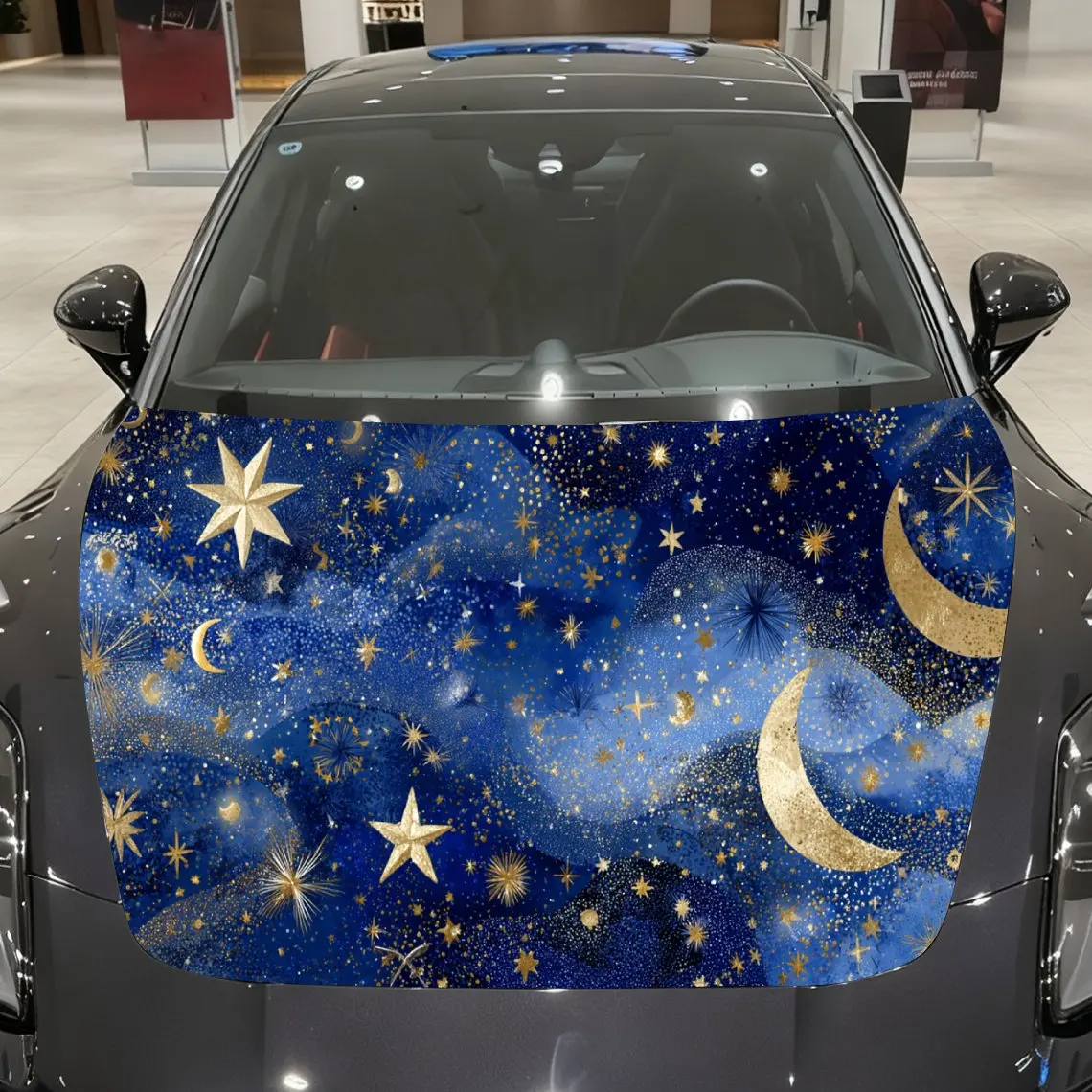 

Blue-Gold Galaxy Car Vinyl Wrap, PVC Material Waterproof Car Hood Sticker, Self-Adhesive Scratch-Resistant Stickers for Engine C