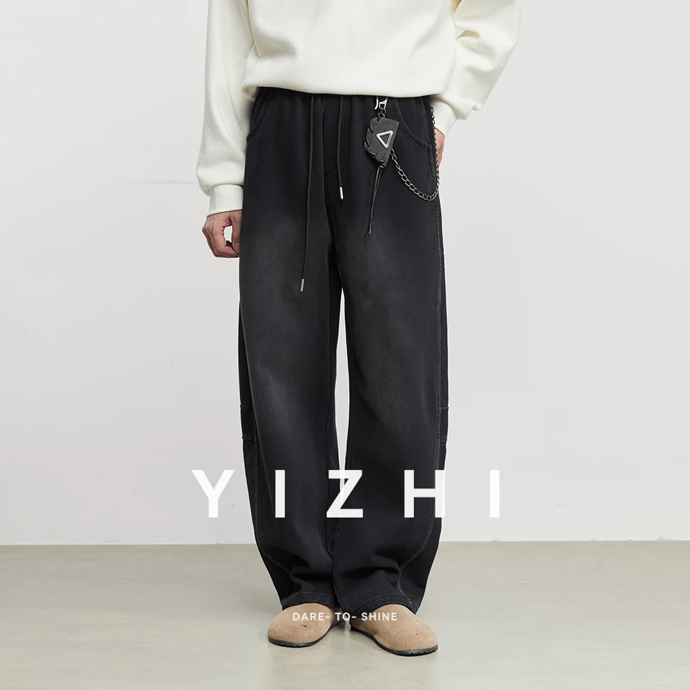 

Fashion Men's Fleece-Lined Distressed Curved Jeans 2025 Autumn Winter New Elastic Waist Loose Casual Straight Leg Jeans