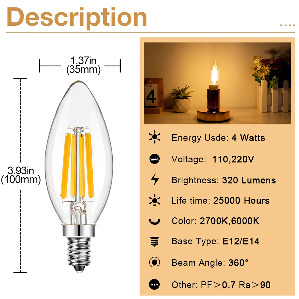 6pcs C35 Candle Bulb E14 E12 LED Lamp 4W 2700K 6000K Clear Glass Vintage Edison LED Filament Replacement Bulbs For Pendant Lamps