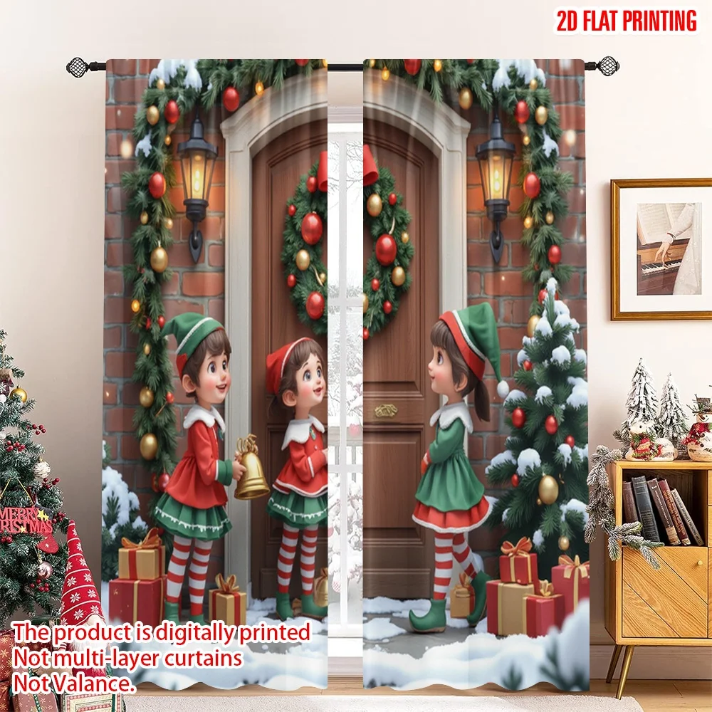

2pcs 2D flat printing Merry Christmas Window Drapes Cute Christmas Elf Door Polyester Without Electricity Birthday Party Perfect
