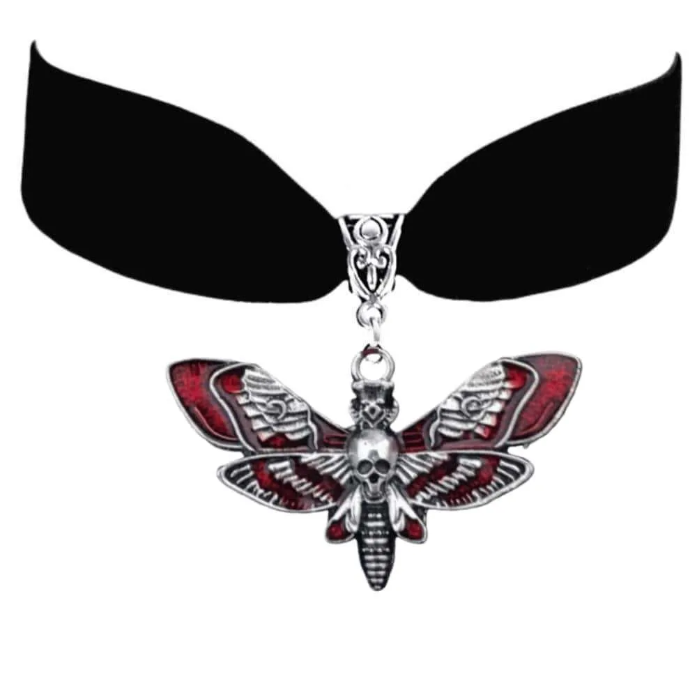 Dark Gothic Death Moth Blood-red Glazed Skull Pendant Necklace Black Velvet Choker for Men Women Hallowmas Party Jewelry Gifts