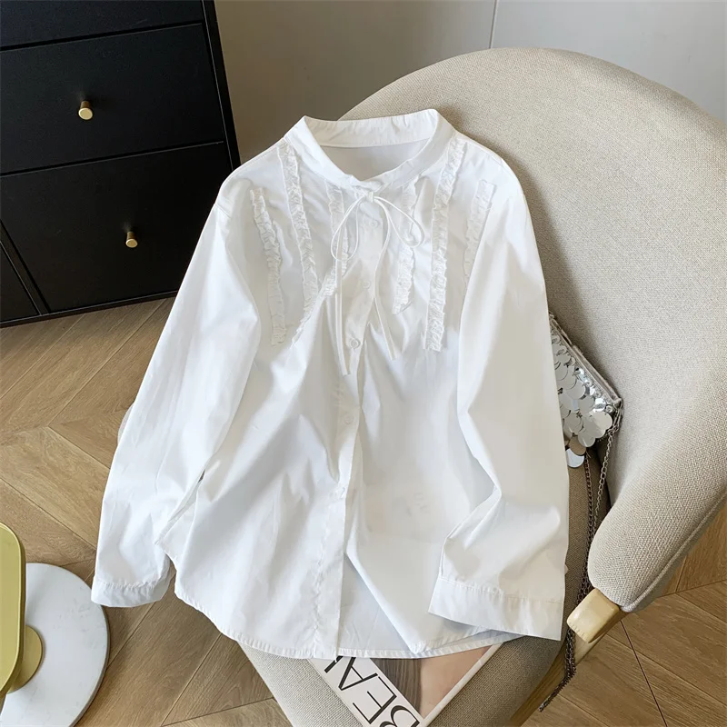 

Women's White Bow Tied Shirt Lace Design Y2k French Elegant Office Girl 2000s Base Fashionable Long-Sleeved Autumn And Winter