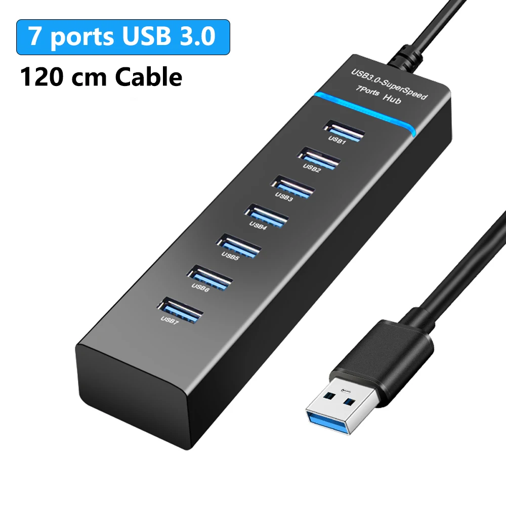 7 Ports USB 3.0 Hub C Splitter Adapter Cable Length 30/120cm For Desktop PC Accessories Mac Laptop Keyboard Mouse 2TB Hard Disk