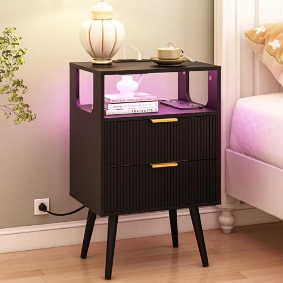 

Nightstand with Charging Station and LED LightsModern Bedside Table with 2 Storage Drawer and Open Wood Shelf for Bedroom and S