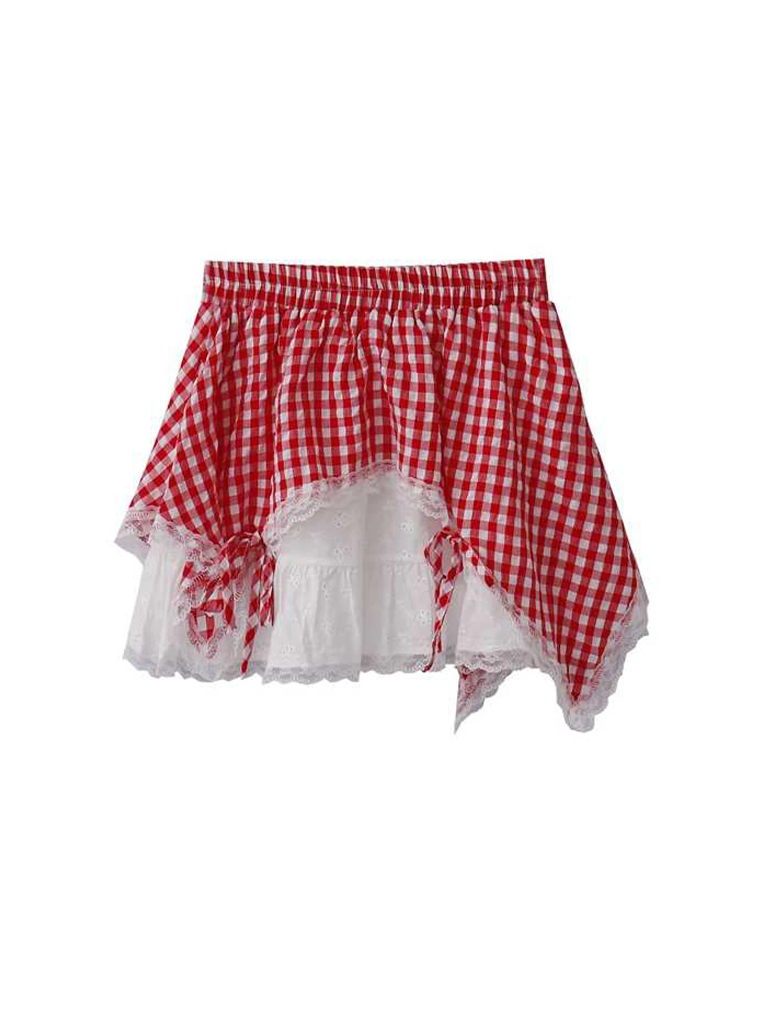 

Women Red Plaid Patchwork A-line Mini Skirt Harajuku Y2k Mori Girl Skirts Vintage Summer Asymmetrical Skirt 2000s Cutecore 2025