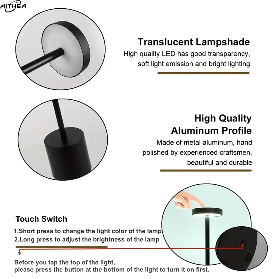 AITHEA Type C Rechargeable LED Table Lamp Touch Switch Bedside Night Light Portable 3 Color Desk Lamp for Club Bar Room Outdoor