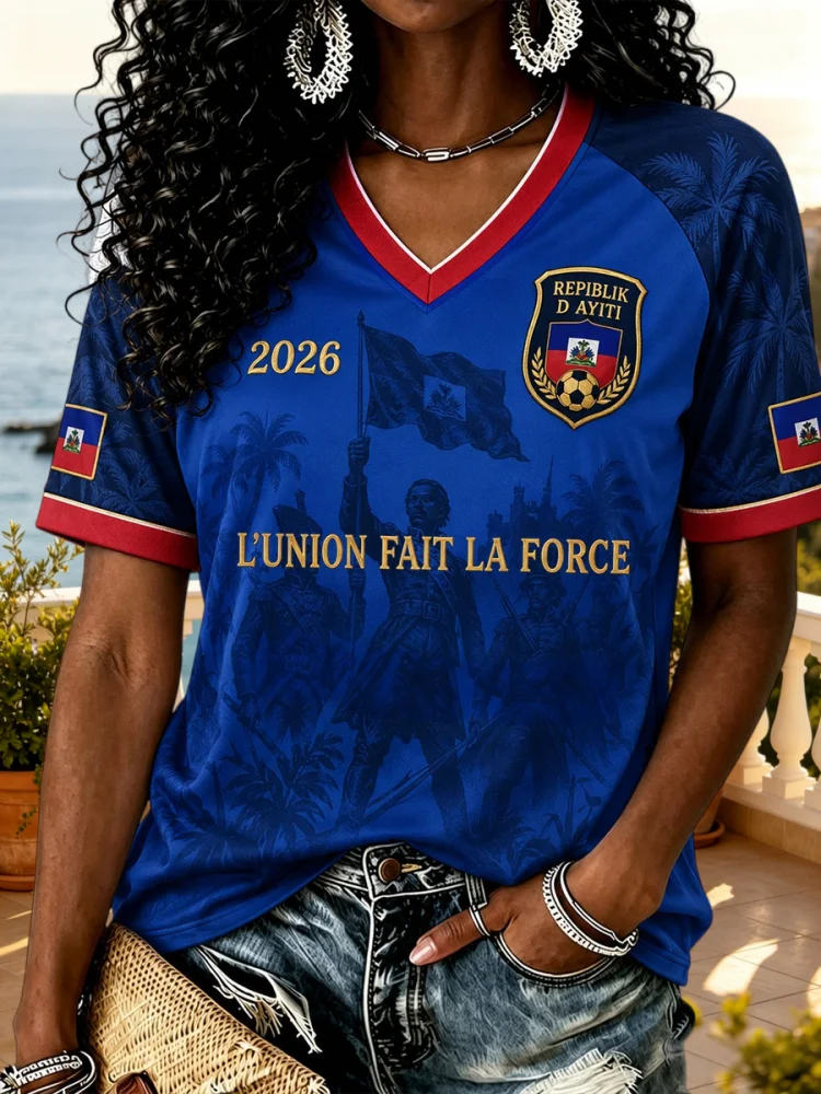 Sommer Neues Haiti Fußballtrikot Sportliches Freizeit-Schnelltrocknendes Atmungsaktives Lockeres Kurzarm-T-Shirt für Männer Frauen Familie Kinder