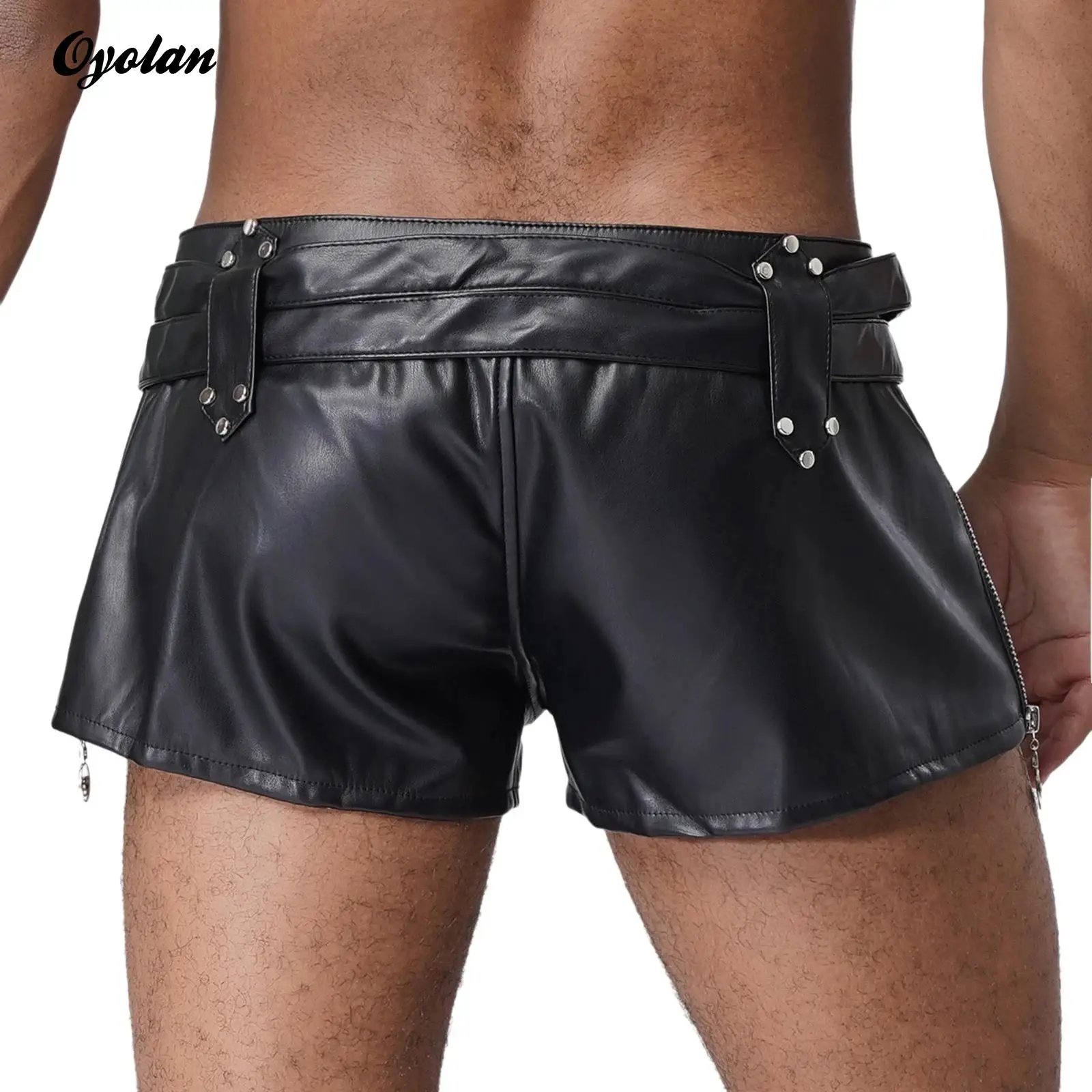 

Mens Zipper PU Leather Latex Booty Shorts with Belts Vintage Hot Pants Nightclub Music Festival Raves Party Pole Dance Costume