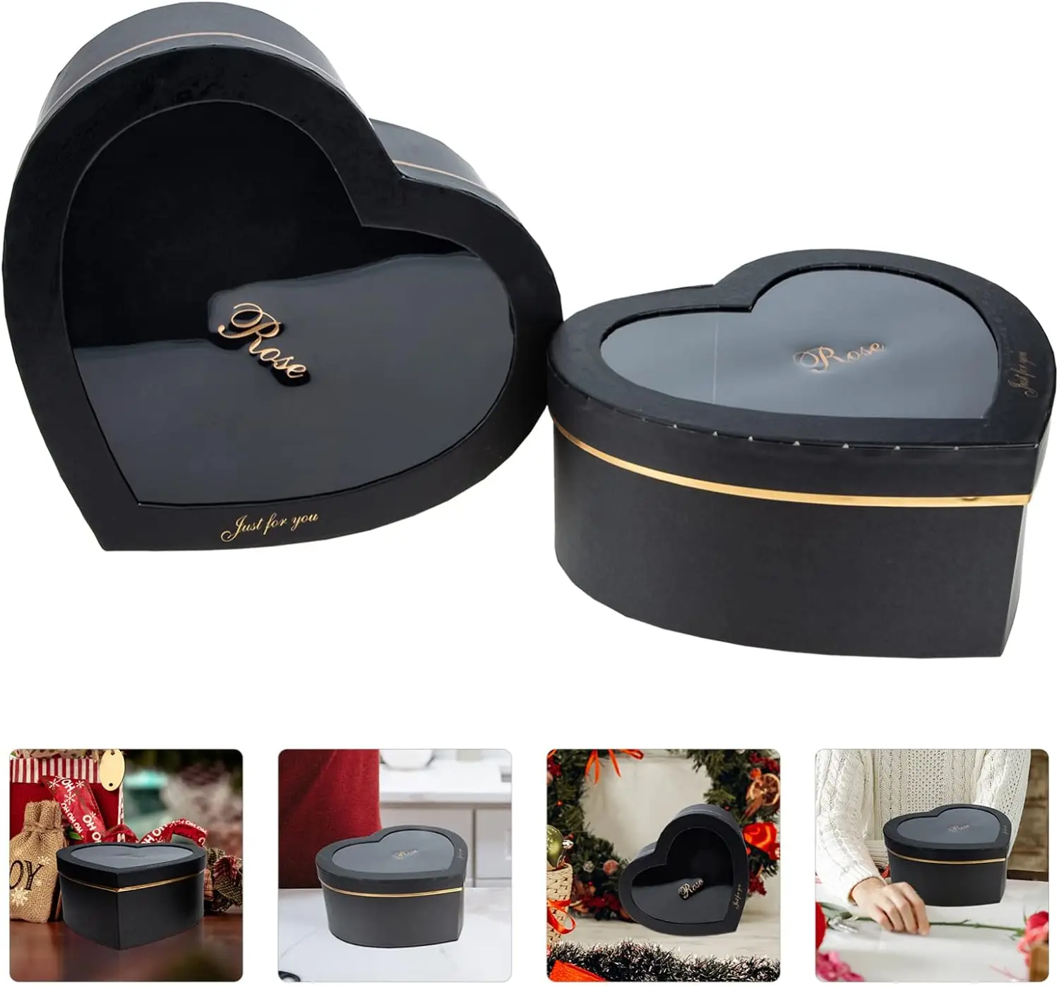 1Pcs Pink Black Heart Shaped Flower Box Floral Gift Boxes With Transparent Window Lids Luxury Flower Valentines Day Gift Box