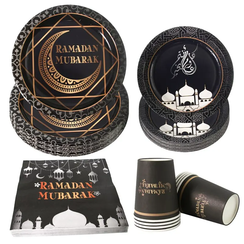 Ramadan Mubarak Disposable Tableware Plate Cups Ramadan Decoration 2025 Eid Mubarak Ramadan Kareem Muslim Islamic Party Supplies