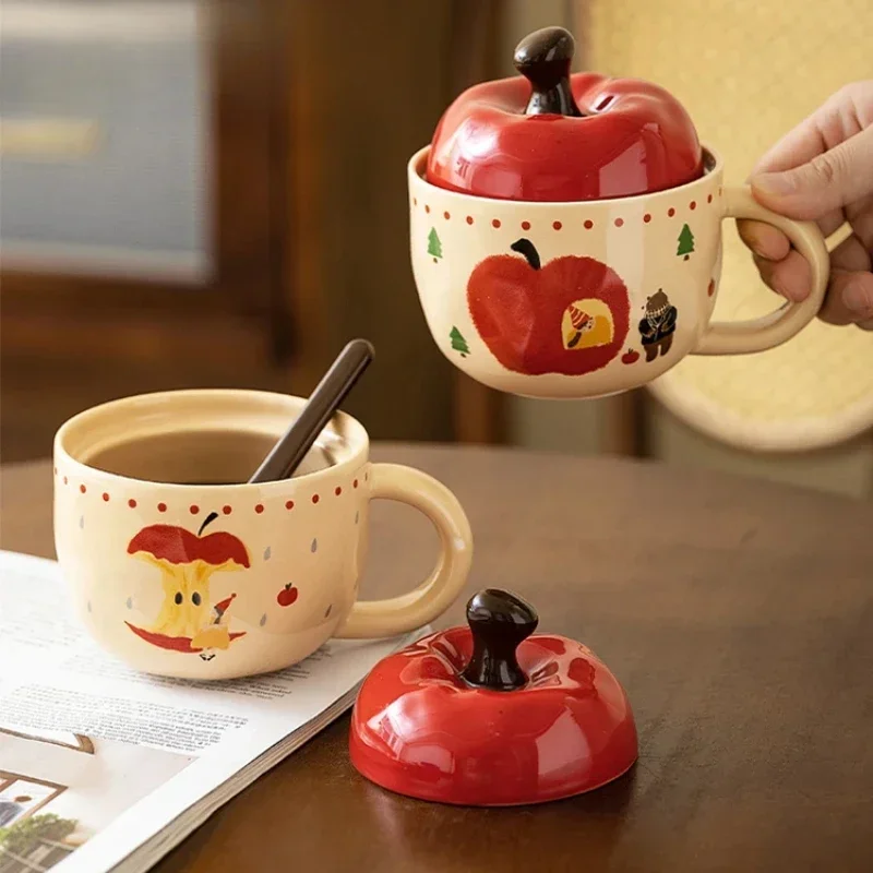 Apple-Shaped Ceramic Mug with Lid and Spoon Vintage Water Cup Christmas Gift Coffee Mug Girls' Milk Breakfast Cup Charming