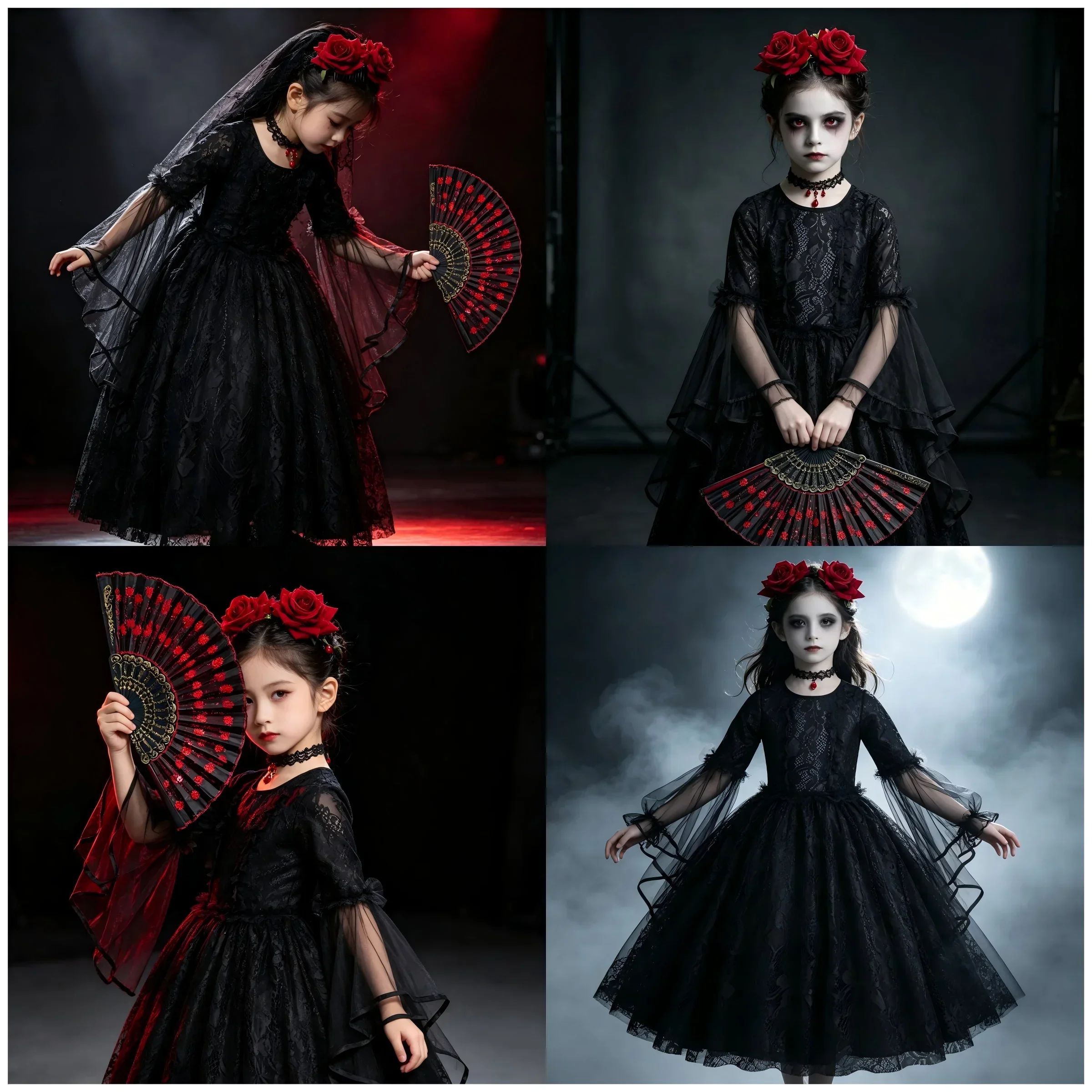 Vampir-Königin Cosplay-Kostüm Mittelalterliches Gotisches Schwarzes Kleid mit Spitzenstickerei Mädchen Halloween-Party Rollenspiel Ausgefallenes Outfit – Detail 3