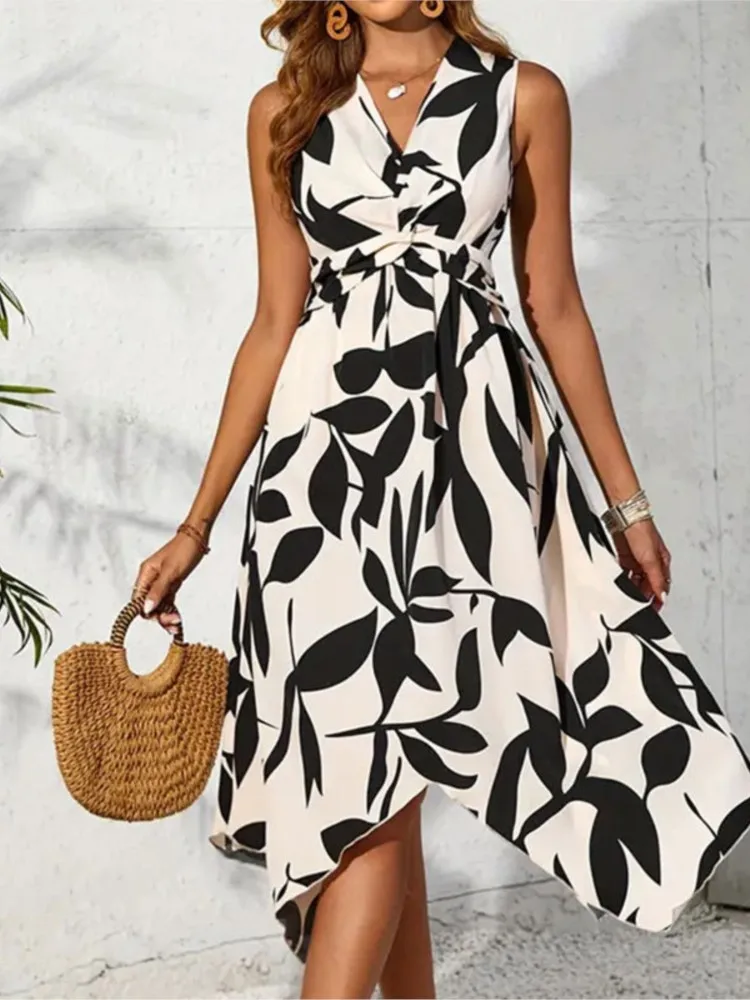 

Fashion Print Dress Lady Casual V Neck Sleeveless High Waist Loose Dresses Women Elegant Holiday Beach Womens Clothing Summer