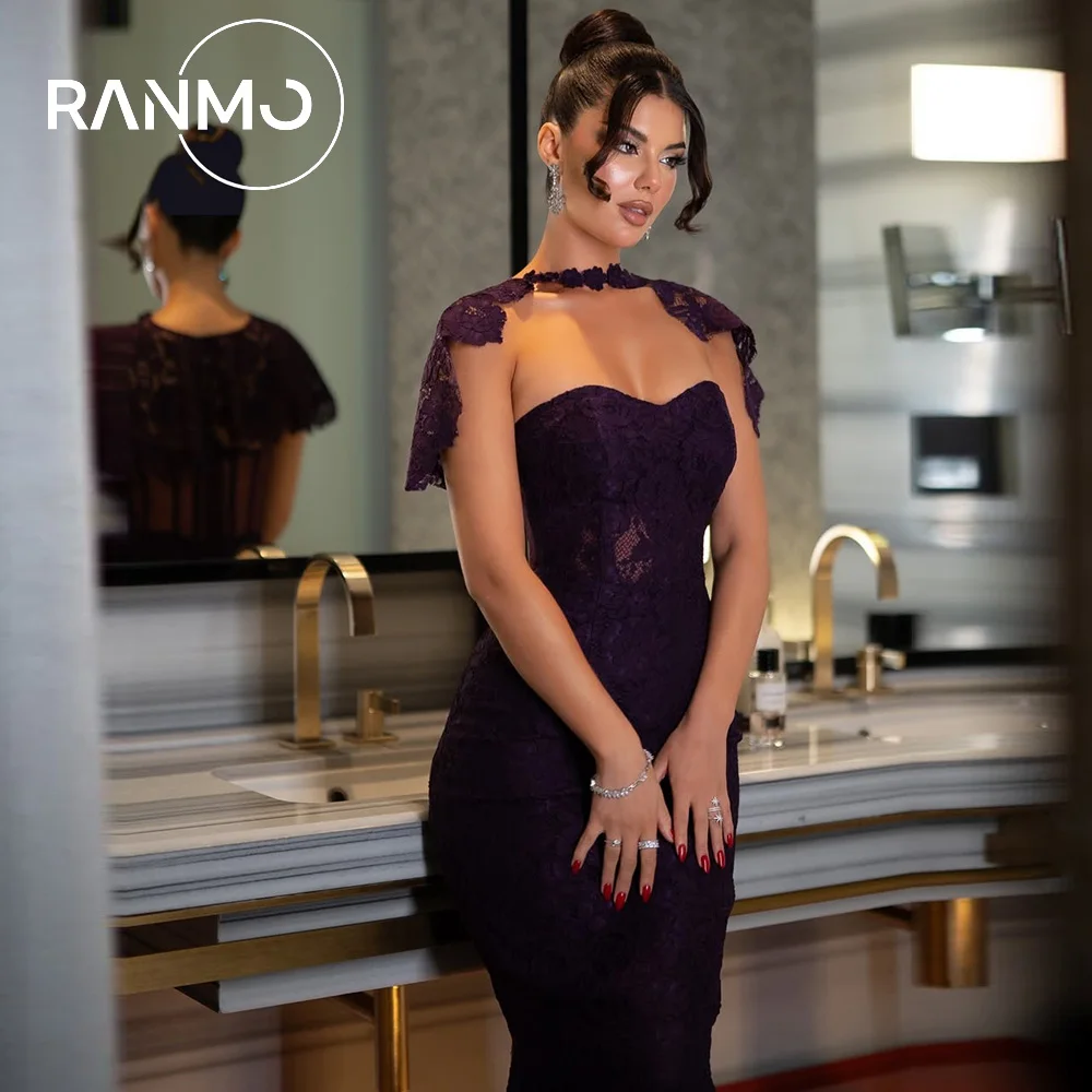 

Ranmo Customized Exquisite Purple Lace Applique Women Prom Dress Sleeveless Charming Mermaid Party Dress Ruffles Shawl Evening