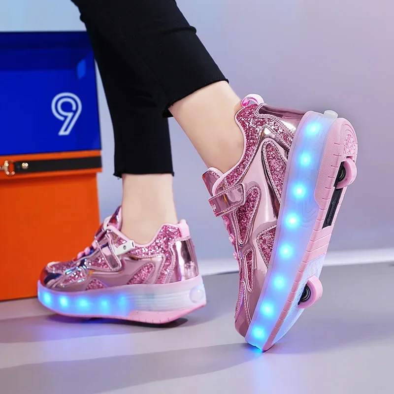 Women 2-wheel Roller Skate Shoes Trend Girls' Shoes With LED Retractable Child Dual-Purpose Casual Sneakers With Wheels