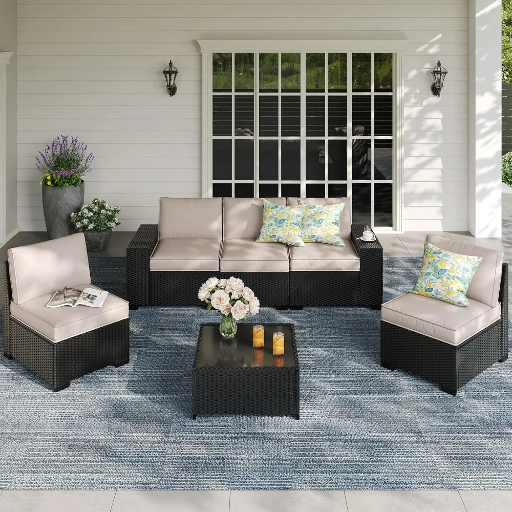 

6 Pieces Patio Furniture Set,Wicker PE Rattan Outdoor Sectional with Cushion & Coffee Table, Patio Conversation Sofa for Garden,