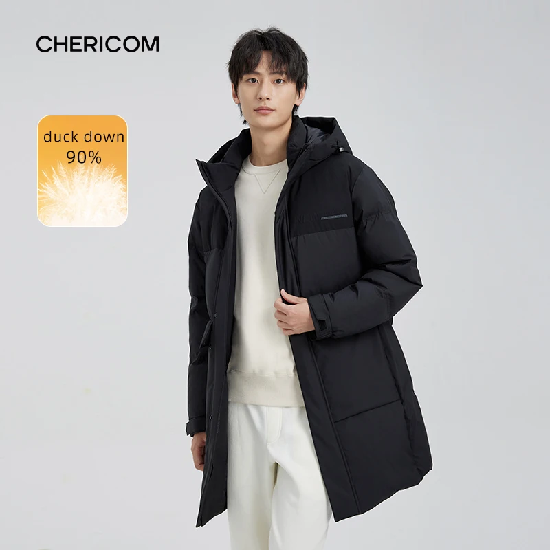 Chericom Men's Winter Down Jacket Mid Long Thick Warm Hooded Duck Down Puffer Jacket Windproof Solid Commute Padded Coat 299663