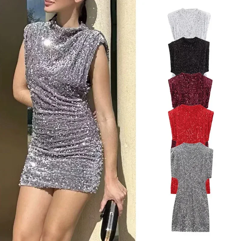 

INS Women Sequined Party Dress Shoulder Pad Sheath Mini Dress Sleeveless Nightclub Party Women Elegant Chic Dresses