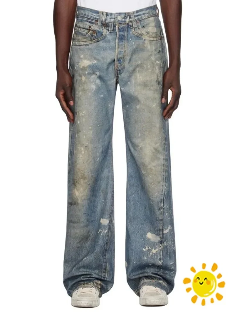 

24SS New Worn Out Splatter Graffiti Casual Slimming High Waisted Straight Leg Wide Leg Jeans Men Women Joggers Trousers