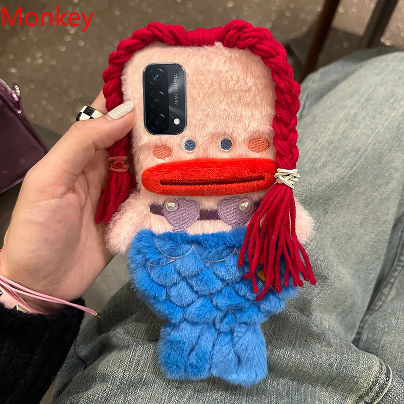 3D Cute Plush Mermaid Girls Gift Phone Case For OPPO A17 A16 A15 A95 A94 A93 A54 A5S A3S F17 F11 F9 Find X3 X5 Fluffy Hair Cover